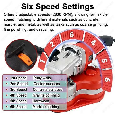 Six-speed settings of a Three Head 2800W Concrete Grinding And Polishing Machine with 8 Inch Coverage for multi-surface use.