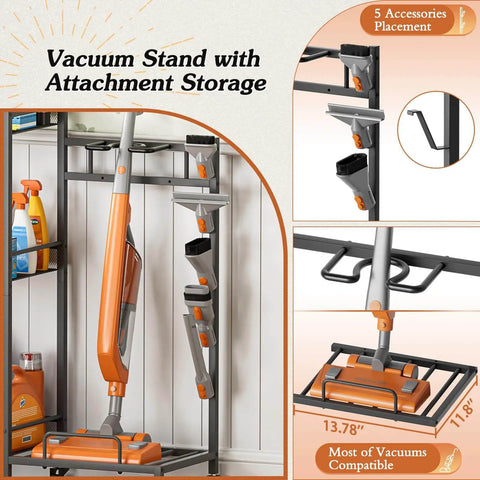 Three In One Broom Holder With Cleaning Supplies Organizer For Small Spaces Vacuum Stand And Mop Hang Broom