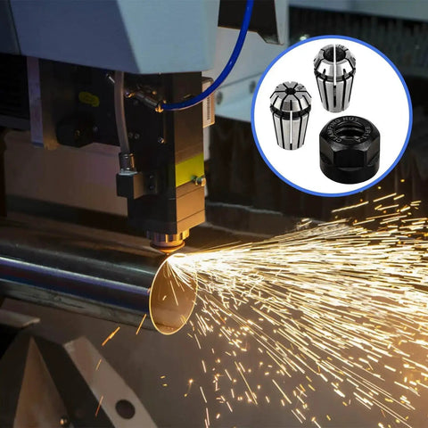 CNC machine using Nine Piece ER11 Spring Collet Nut Set With M14 Thread for high precision milling and tooling, sparks visible.