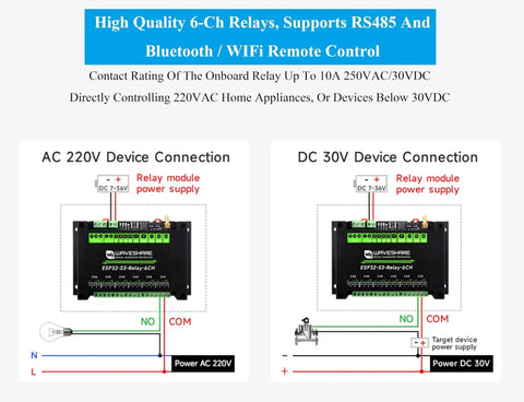 Diagram of 6-Channel ESP32-S3 WiFi Relay Module With Bluetooth And RS485 Control for AC 220V and DC 30V device connections.