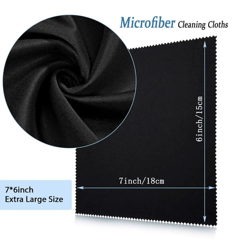 Black microfiber cleaning cloth shown with dimensions, 7x6 inches, highlighting material texture. Microfiber Cleaning Cloths For Glasses And Screens 50 Pack 6x7 Inches.