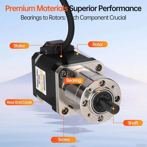 Geared Nema 17 Stepper Motor With Integrated Planetary Gearbox 13.73:1 Ratio showcasing components like rotor and shaft