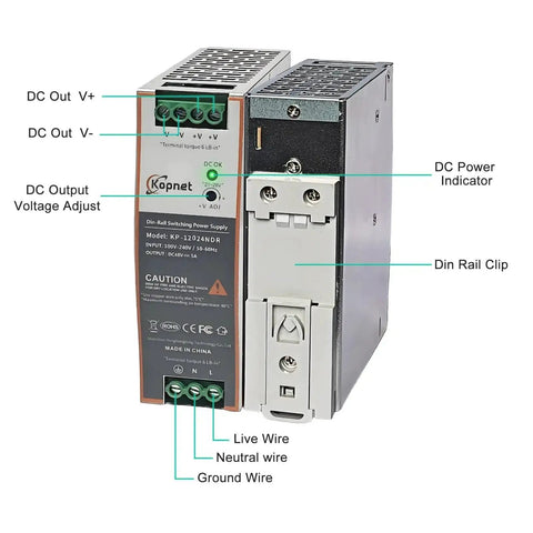 Beefy 120W 24V Din Rail Power Supply With 24V Output, AC To DC Industrial Switching Adapter front view with labels and connections