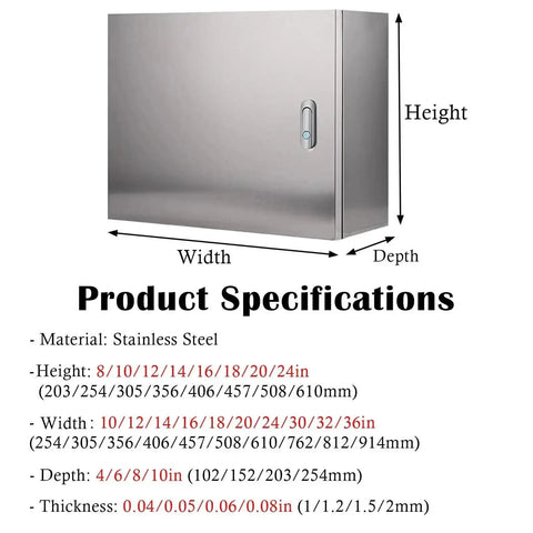 Rugged And Weatherproof Outdoor Electrical Enclosure Box With Stainless Steel Shell For Wall Mount Junction Chest And Electric Control Panels, Built To Last Outdoor Electrical Box Measures 12x16x8 Inches And 1.2 Millimeter Thick shown with dimensions and specifications.
