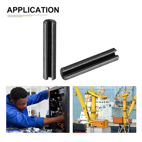 Slotted Spring Pins 1.7mm X 8mm Black 30 Pack Carbon Steel Roll Dowel Tension Pins For Home Workshop And Small Machinery Durable Fasteners With Smooth Surface And Easy Fit shown in both vertical and horizontal views, with applications in electronics and maritime industries.