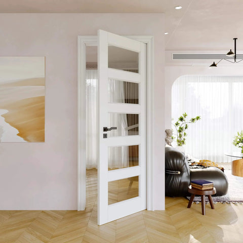 30 Inch By 80 Inch Slab Door With Five Panel Clear Glass Interior French Style, Solid Core Pre Finished Single Panel For Pantry Bedroom Or Closet, Pocket Door That Delivers A Go To Bifold Or Barn Door Look Without Hardware installed in living room