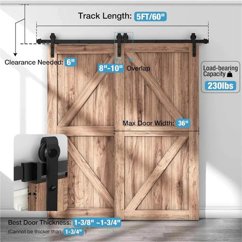 5 Ft Barn Door Hardware Kit For Single Track Double Wooden Doors With Flat Track Roller System Low Ceiling Friendly