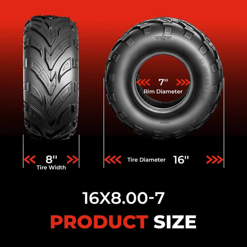 All Terrain Mud ATV UTV Tires 16x8-7 Set Of 2 Tubeless 4 Ply With Directional Tread side and front view with dimensions