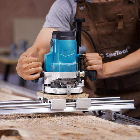 Woodworker using Two Plus Two Flute Slab Flattening Router Bit With One Quarter Inch Shank And One And One Quarter Inch Cutting Diameter Carbide Insert Spoilboard Surfacing Bit With ATS Coating For Softwood Hardwood And MDF Replaceable Ten By Ten By Two Point Two Carbide on a CNC machine with guide rails