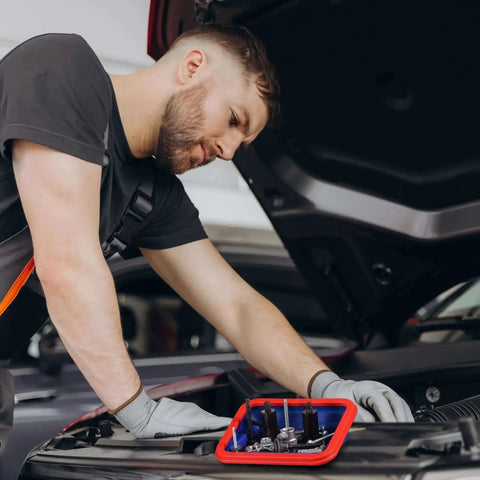 Mechanic using Four Piece Collapsible Magnetic Parts Tray Set With Dual Sided Magnets For Screws Nuts Pins Foldable Bolt Tray For Garage Or On The Go Includes Large 11 Inch Tray, Medium 6.3 Inch Tray, And Two Small Trays under car hood