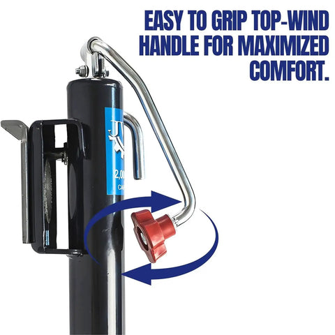 Close-up of handle on 2000 Lb Trailer Tongue Jack Swivel Lift Heavy Duty 1 Ton For Camper Boat with top-wind grip