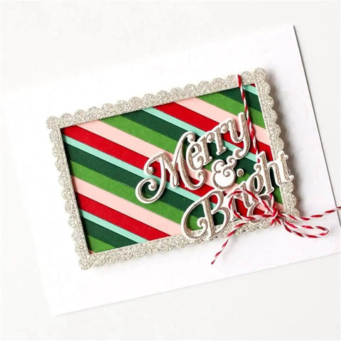 Merry and Bright greeting card with Strip Frame Metal Die Cut Set, showcasing Christmas-themed design with glitter frame and diagonal stripes.