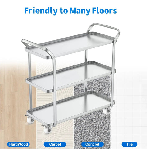 2 Inch Stainless Steel Caster Wheels Set Of 4 For Outdoor Use, shown on a metal cart across hardwood, carpet, concrete, tile surfaces.