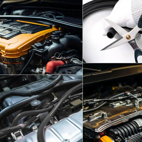 Six Piece Silicone Vacuum Tubing Hose Kit For Automotive Use, black flexible hoses in engine bay, close-up cutting view.