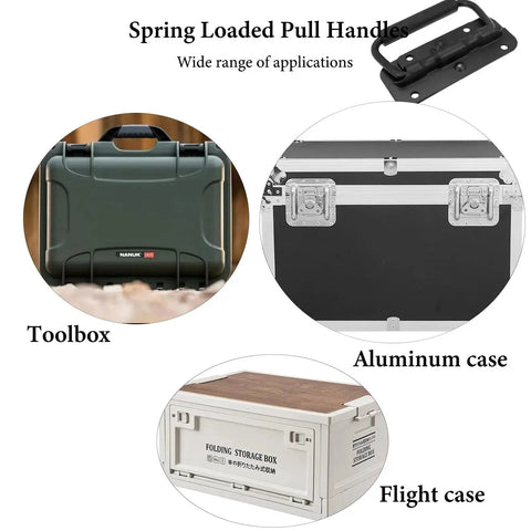Spring Loaded Pull Handles For Tool Boxes And Trunks shown on cases and boxes, ideal for flat surfaces with robust design