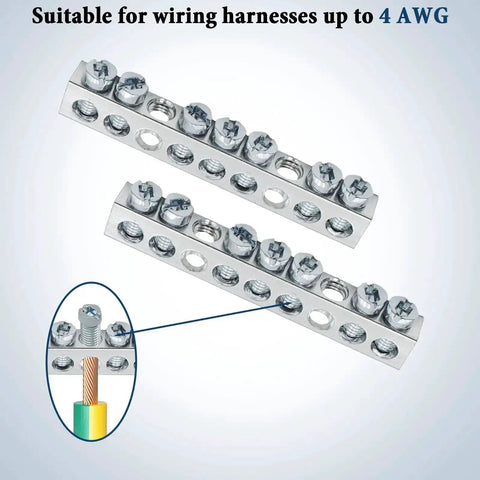 7 Terminal Grounding Bar Kit For QO Load Centers with stainless steel screws, shown with wiring harness compatibility up to 4 AWG.