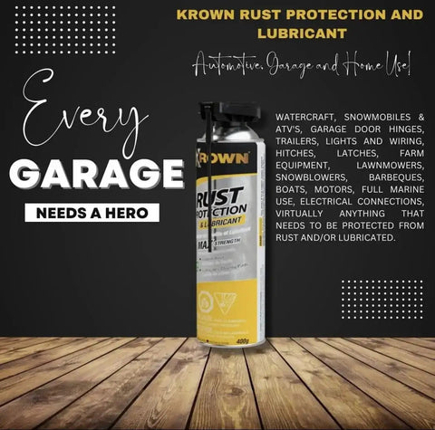 T40 Beefed Up Rust Protection And Lubricant For Metal Surfaces, 14 oz can, shown on a wooden table, automotive and home use.