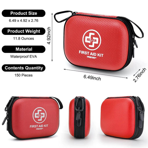 Grab And Go 150 Piece Waterproof First Aid Kit in red with durable hard shell case for home, car, travel, camping, hiking, sports.