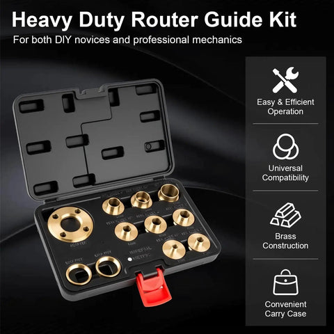 11Pcs Brass Router Bushing Guide Set With Lock Nut Adapter in case, includes 8 bushings, nuts, adapter, for woodworking projects.