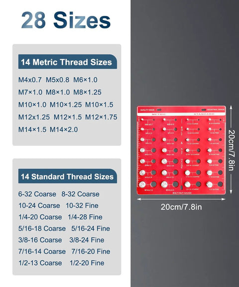 Nut And Bolt Thread Checker And Identifier Board With 14 Standard And 14 Metric Gauges For Quick Size And Thread ID, Bench Or Wall Mount, Easy Nut And Screw Reference Tool, showing available sizes on a red board.