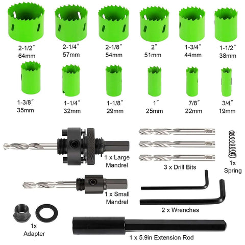 Bi-Metal Hole Saw Kit 22-Piece Set For Metal Wood PVC In Case With 12 Blades From 3/4 To 2-1/2 Inches, 2 Mandrels, 2 Hex Keys