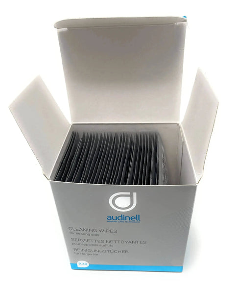 Open box of Alcohol Free Cleaning Wipes For Hearing Aids And Earbuds 30 Pack with individual wipes visible inside