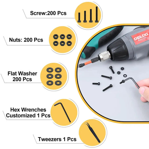 600 Pcs M3 Screws Set With Black Alloy Steel M3x6/8/10/12/16/20/25/30mm Screws, 12.9 Alloy Nuts, Bolts And Washers, Hex Socket Head, shown with tools.