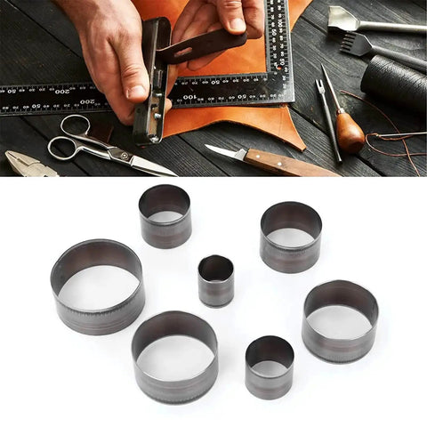 Leather Hole Punch Die Set 7 Piece Round Cutter Kit For Handmade DIY Leather Craft Includes Cutting Dies In 20mm 25mm 30mm 35mm 40mm 45mm And 50mm Hollow Cutter For Precise Round Holes with tools on workspace