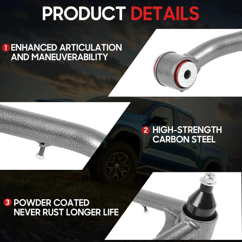 2 To 4 Inch Lift Upper Control Arms Kit with ball joint, showcasing carbon steel material and powder coated finish details.