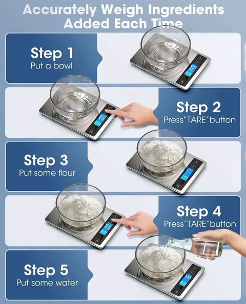 Step-by-step weighing on digital kitchen scale with 22lb capacity, precise 1g and 0.1oz increments, stainless steel tempered glass platform.