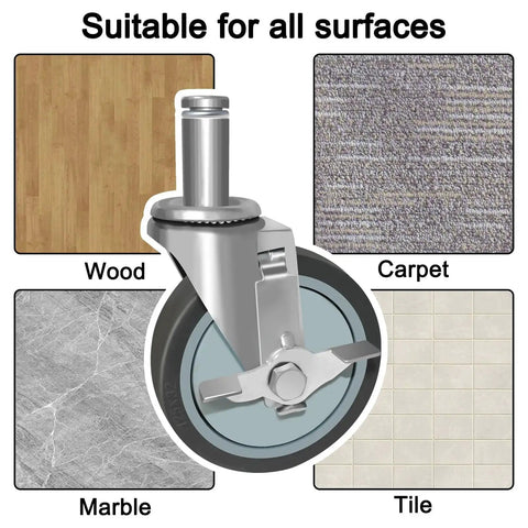 5 Inch Stem Locking Caster Wheels Set Of 4 For Wire Shelving Racks Heavy Duty With Brakes Non Marking Thermoplastic Rubber Wheels Each Caster Supports 350 Lb And Total Up To 1400 Lb shown on wood, carpet, marble, tile surfaces