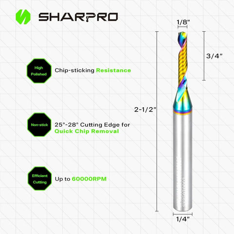 O Flute Upcut Spiral Router Bit For CNC Sharpro Carbide Single Flute One Quarter Inch Shank One Eighth Inch Cutting Diameter Three Quarter Inch Cutting Length Two And A Half Inch Overall Length Ideal For Aluminum Plastic Acrylic Wood And PVC Nonstick