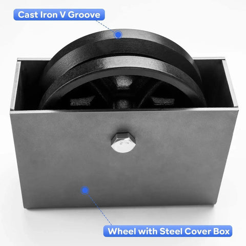 Heavy Duty V Groove Wheel With Box 6 By 2 Cast Iron Gate Track Wheel Beefy 1000 Lb Capacity For V Track Rail, shown in steel box