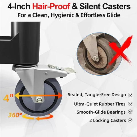 Close-up of silent 4-inch casters on Three Tier Rolling Service Cart With Tangle Free Swivel Wheels And Two Brakes, heavy-duty design.