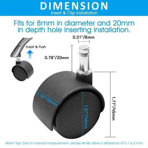 Diagram showing dimensions of Five Pack 1.5 Inch Swivel Caster Wheels With M8 Circlip Stem 8mm By 20mm, for furniture use.
