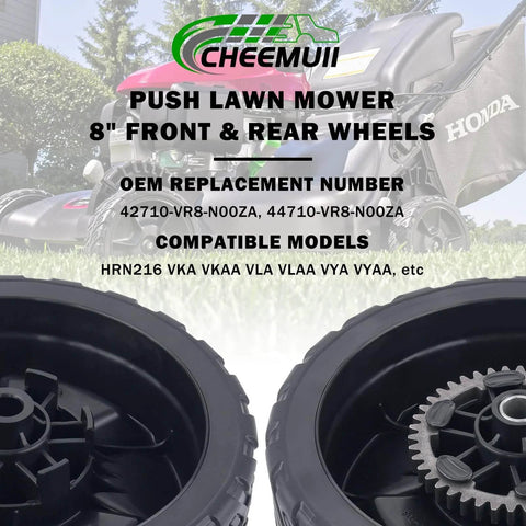 4 Pack 8 Inch Lawn Mower Wheel Kit For Honda HRN216 Front And Rear Replacements Includes Two 8x2 Inch Front Wheels And Two 8x2 Inch Rear Wheels Bore 1/2 Inch Fits 42710-VR8-N00ZA And 44710-VR8-N00ZA Rugged Heavy Duty Plastic shown with push mower