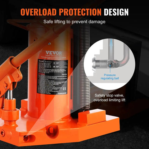 Front view of VEVOR orange hydraulic toe jack, 5–10 ton capacity, toe height 0.8–6.8 in, top height 11.3–17.3 in