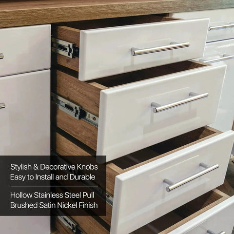 Stainless Steel T Bar Cabinet Handles With Satin Brushed Nickel Finish, 8 Inch And 5 Inch Center To Center Drawer Pulls Installed