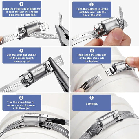 Step-by-step guide using DIY Stainless Steel Hose Clamp Kit With 50 Ft Metal Strap Roll And 24 Fasteners for pipes and tubes.