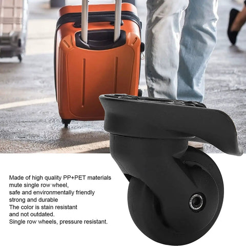 2 Pcs A52 Quiet Single Row Wheel for Suitcases, black PP+PET materials, shown installed on luggage, smooth rolling for travel use