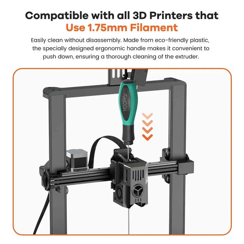 Pro Grade 3D Printer Nozzle Cleaning Kit with soft rubber handle in use on a 1.75mm filament 3D printer, showing extruder cleaning.