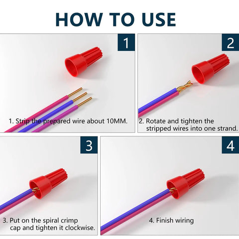 Step-by-step guide showing how to use Versatile 25 Pack Wire Nuts For 10 to 22 AWG With Color Coded Twist On Wire Caps.
