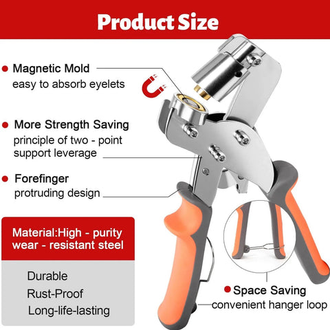 Close-up of Grommet Tool Kit 3/8 Inch Heavy Duty Eyelet Pliers with dual magnetic mold and ergonomic handle design.