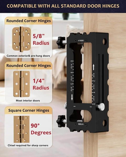 Door Hinge Jig Tool For Router Adjustable Aluminum Mortise Jig installed showing compatibility with various hinge sizes.
