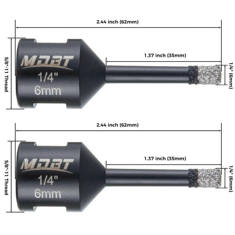 Front view of Two Pack Diamond Core Drill Bits Six Millimeter One Quarter Inch Diameter For Porcelain Ceramic Tile Marble Brick With Vacuum Brazed Five Eighths Inch Thread For Angle Grinders And Wet Polishers Tile Hole Saw Kit