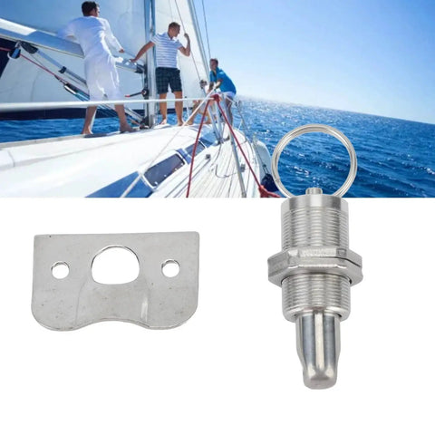 Stainless steel 58.5mm latch lock with ring pull and mounting plate for boat hatch doors; mirror-polished marine grade.