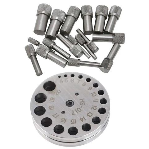 Disc Cutter Set For Jewelry Making And Metal Forming With 17 Dies Pro Grade Steel Punch Tool shown with dies and base