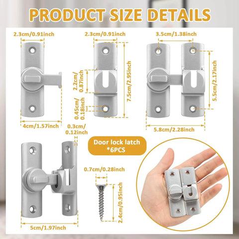 Six Pack Barn Door Lock Set For Privacy And Security Latches, shown with product size in inches and accompanying screw