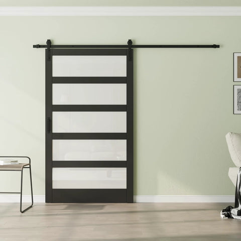 48 Inch Glass Sliding Barn Door Kit With 8 Ft Track, 5 Panel Frosted Glass, Black Frame installed in modern interior