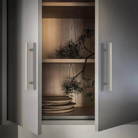 Open kitchen cabinet with 30 Pack Brushed Nickel Cabinet Pulls 7-3/8 Inch Total Length 1/2 Inch Diameter 5 Inch Center to Center